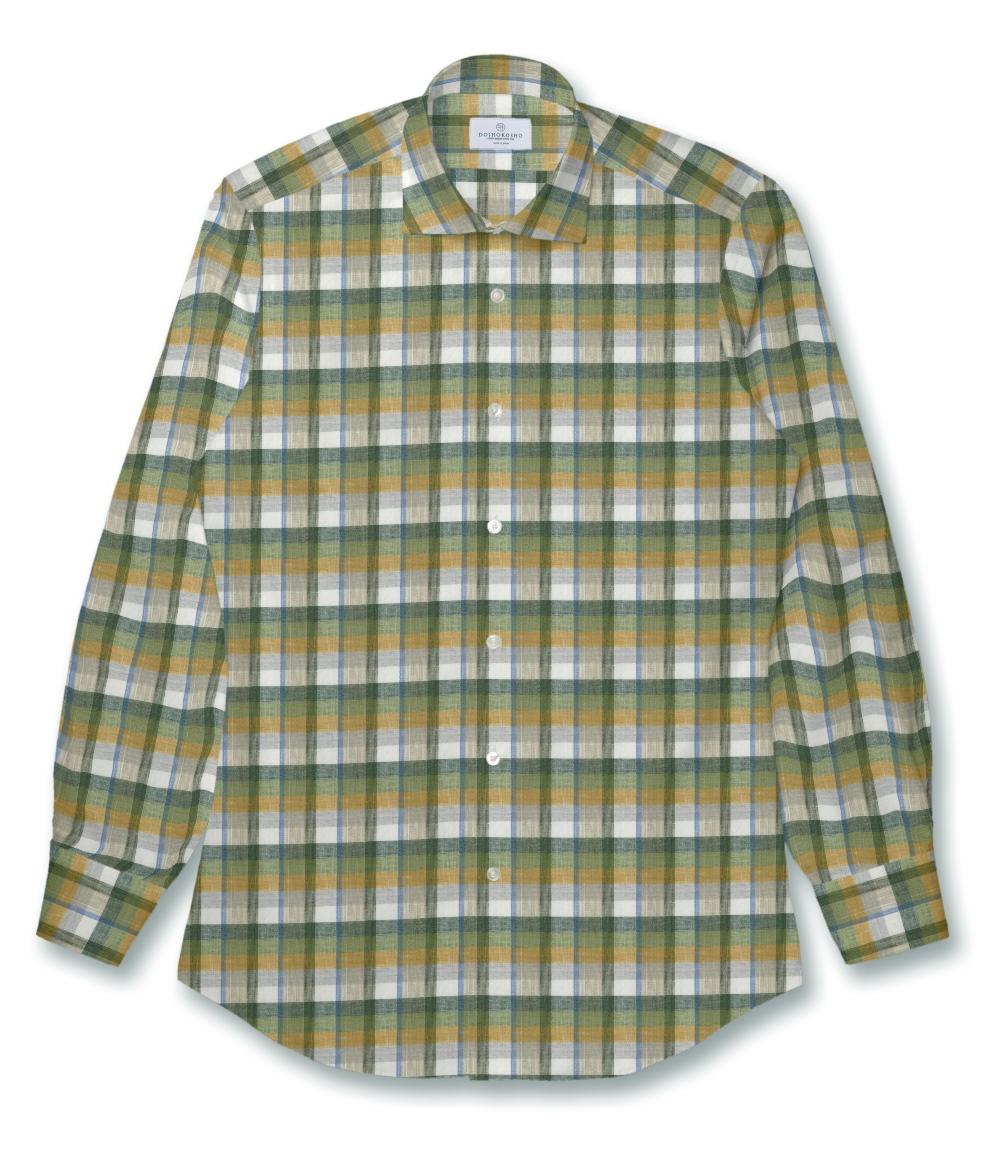 【ALBINI Linen】グリーン×オレンジ マドラス リネン ドレスシャツ