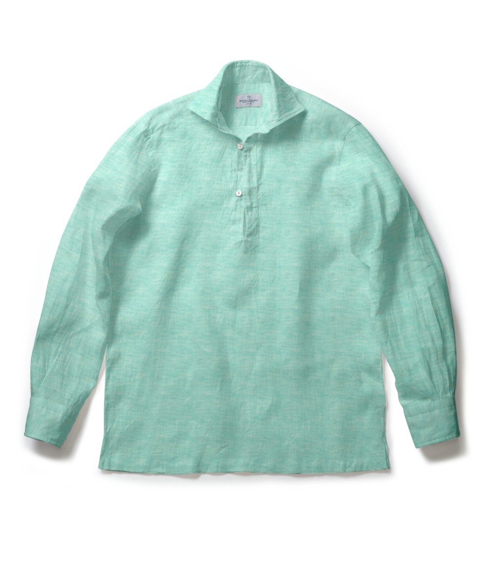 【ALBINI Linen】グリーン リネン 無地 カプリシャツ