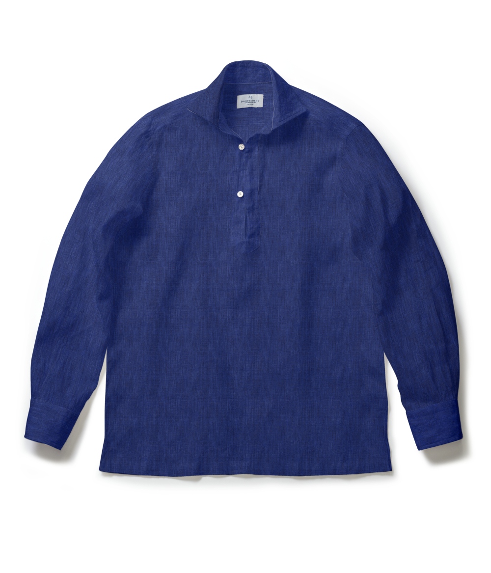 【ALBINI Linen】ネイビー リネン 無地 カプリシャツ