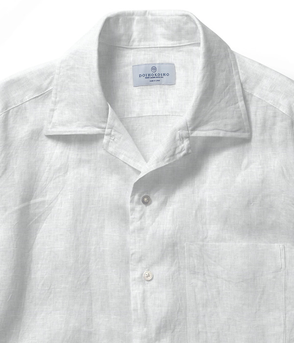 【ALBINI Linen】ホワイト リネン 無地 オープンカラーシャツ