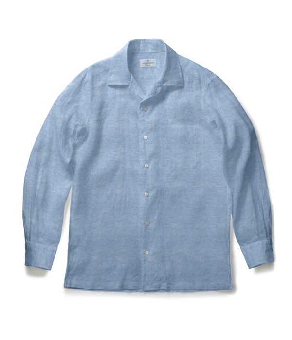 【ALBINI Linen】サックス リネン 無地 オープンカラーシャツ