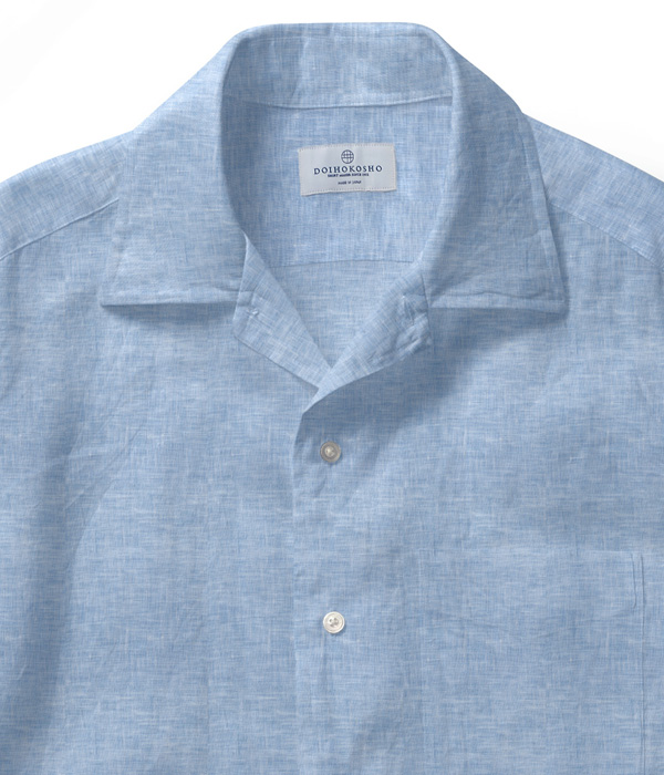 【ALBINI Linen】サックス リネン 無地 オープンカラーシャツ