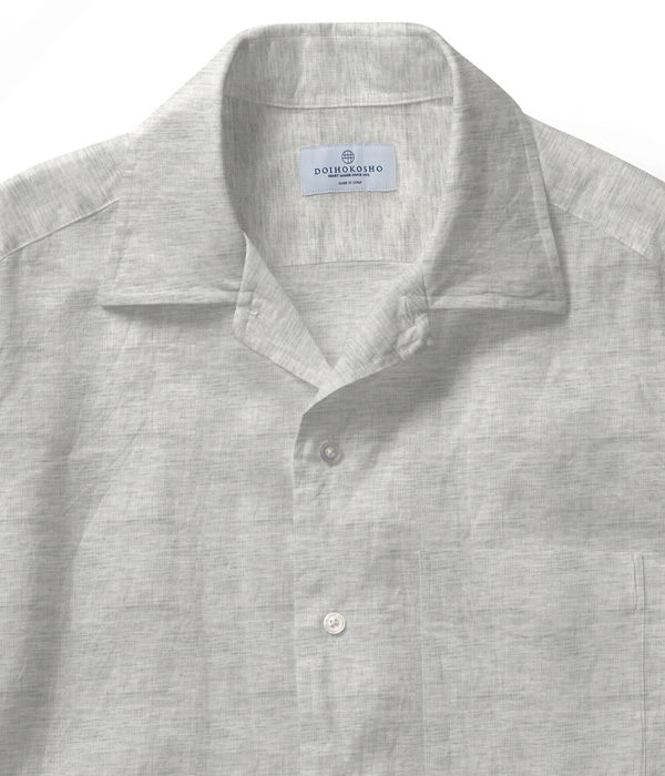 【ALBINI Linen】グレー リネン 無地 オープンカラーシャツ