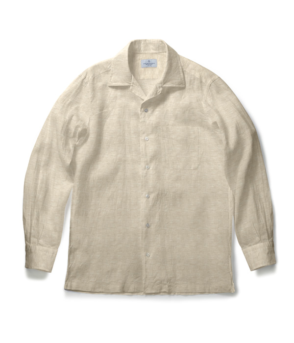【ALBINI Linen】ベージュ リネン 無地 オープンカラーシャツ
