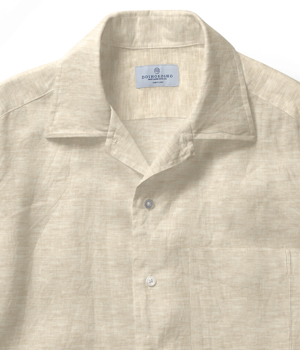 【ALBINI Linen】ベージュ リネン 無地 オープンカラーシャツ
