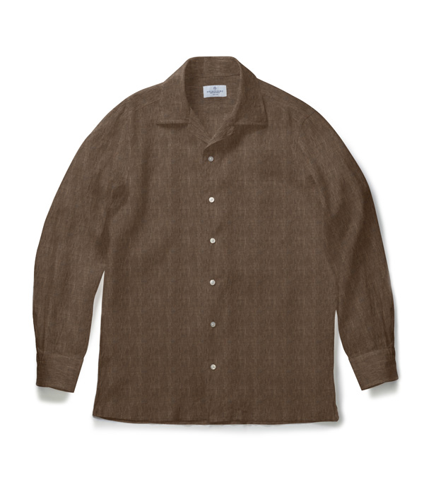 【ALBINI Linen】ブラウン リネン 無地 オープンカラーシャツ