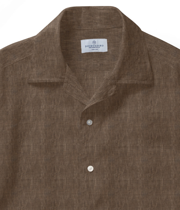 【ALBINI Linen】ブラウン リネン 無地 オープンカラーシャツ