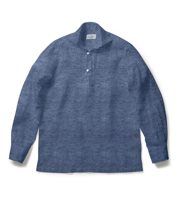 【ALBINI Linen】ネイビー リネン 無地 カプリシャツ