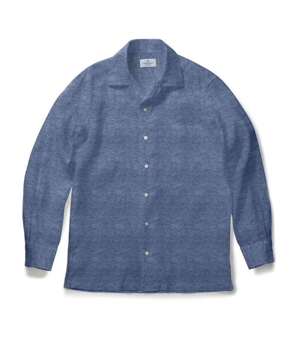 【ALBINI Linen】ネイビー リネン 無地 オープンカラーシャツ