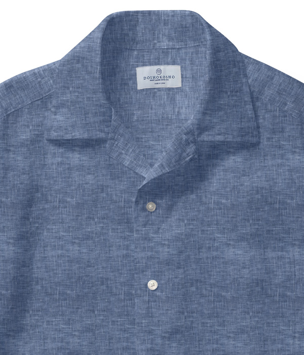 【ALBINI Linen】ネイビー リネン 無地 オープンカラーシャツ