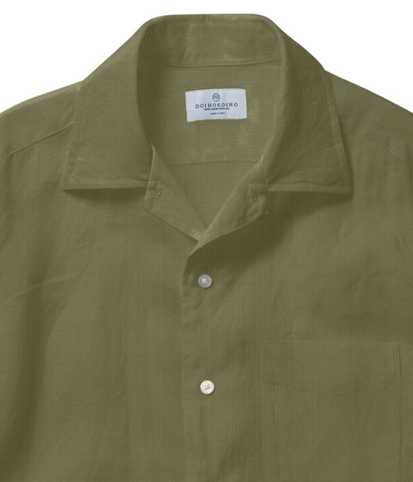【SIDOGRAS】カーキ シアサッカー 無地 オープンカラーシャツ
