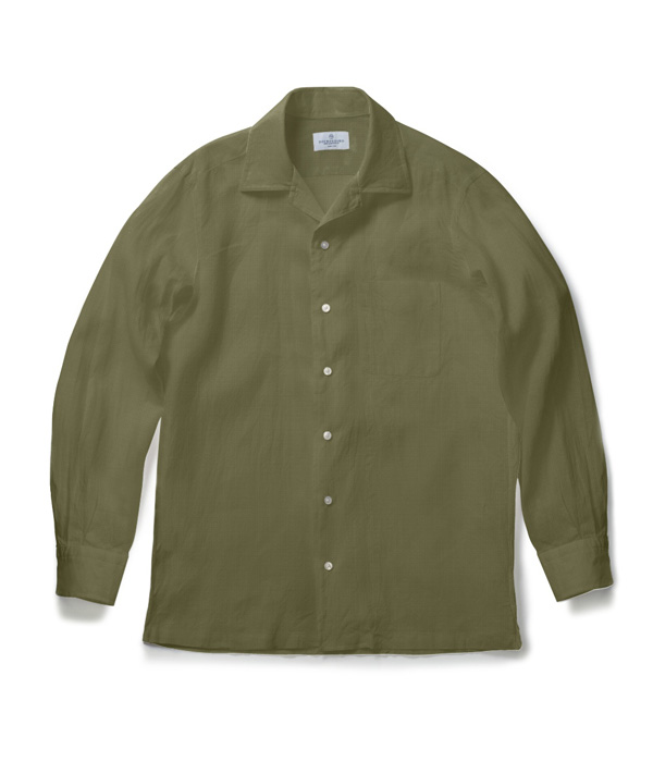 【SIDOGRAS】カーキ シアサッカー 無地 オープンカラーシャツ