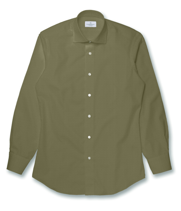 【SIDOGRAS】カーキ シアサッカー 無地 ドレスシャツ