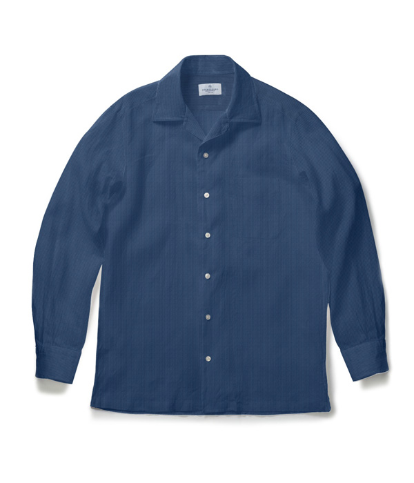 【SIDOGRAS】ネイビー シアサッカー 無地 オープンカラーシャツ