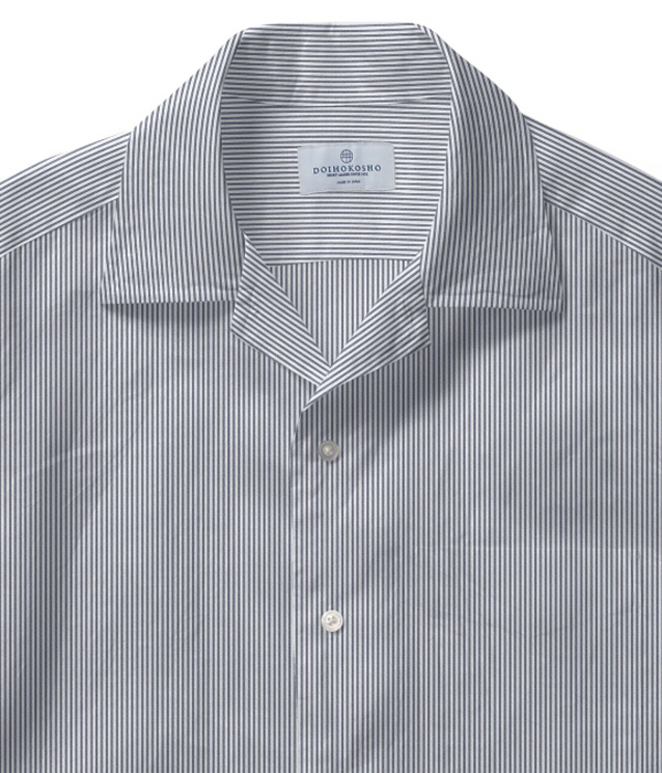 【SIDOGRAS】ネイビー シアサッカー ストライプ オープンカラーシャツ