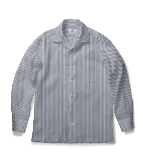 【SIDOGRAS】ネイビー シアサッカー ストライプ オープンカラーシャツ