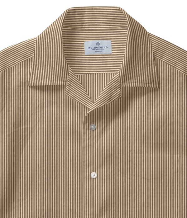 【SIDOGRAS】ブラウン シアサッカー ストライプ オープンカラーシャツ