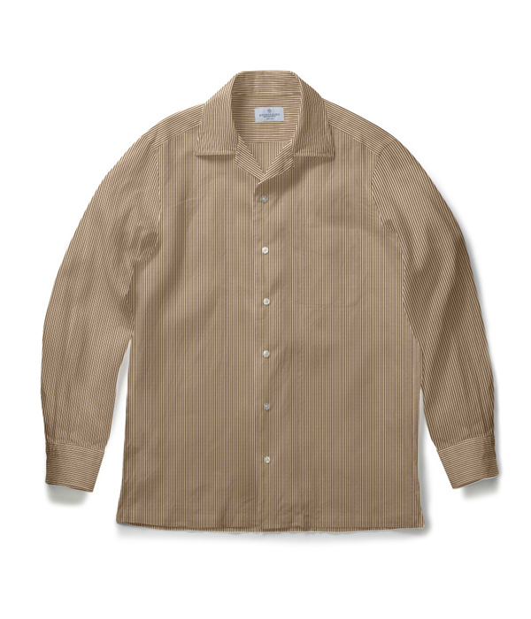 【SIDOGRAS】ブラウン シアサッカー ストライプ オープンカラーシャツ