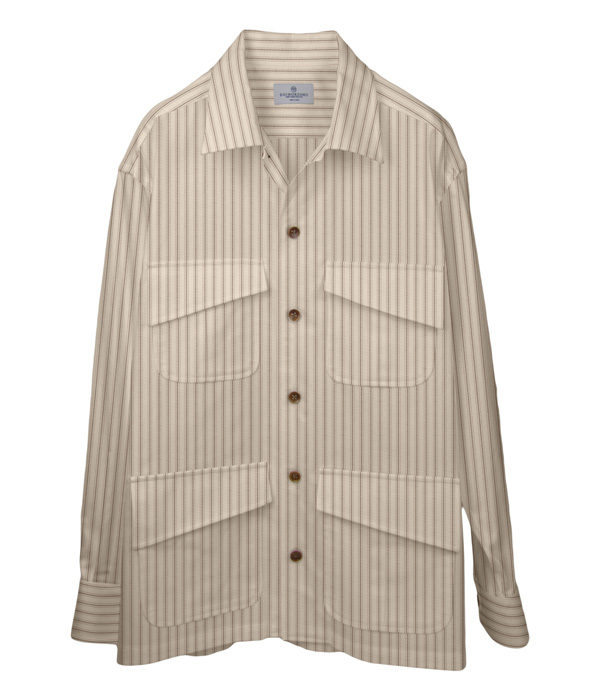 【SIDOGRAS Organic Cotton】ブラウン×ベージュオックスストライプ 斜めフラップポケットシャツアウター