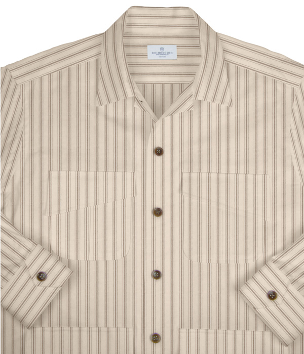 【SIDOGRAS Organic Cotton】ブラウン×ベージュオックスストライプ 斜めフラップポケットシャツアウター