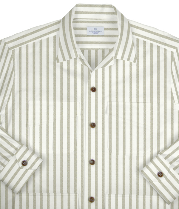 【SIDOGRAS Organic Cotton】カーキオックスストライプ斜めフラップポケットシャツアウター