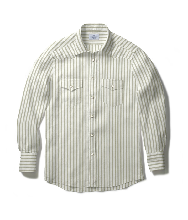 【SIDOGRAS Organic Cotton】カーキ オックス ストライプ ウエスタンシャツ
