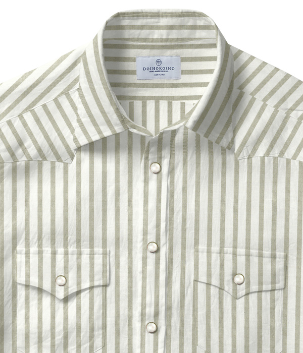 【SIDOGRAS Organic Cotton】カーキ オックス ストライプ ウエスタンシャツ