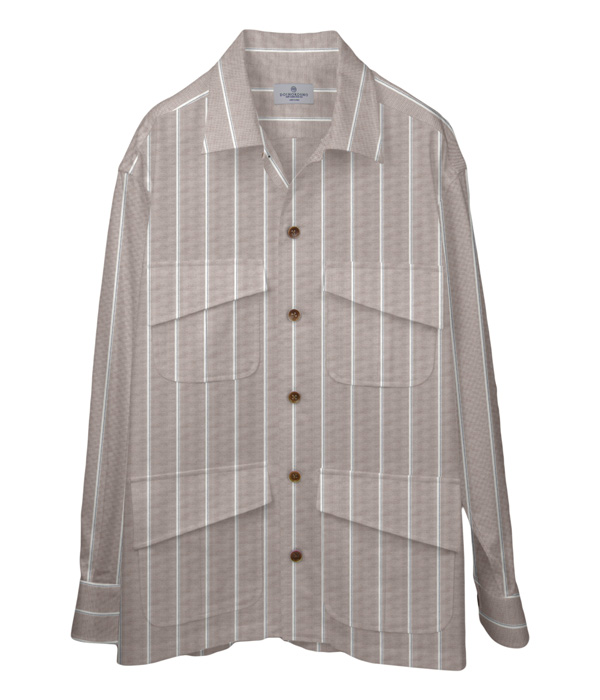 【SIDOGRAS Organic Cotton】ブラウン×ネイビーオックスストライプ斜めフラップポケットシャツアウター