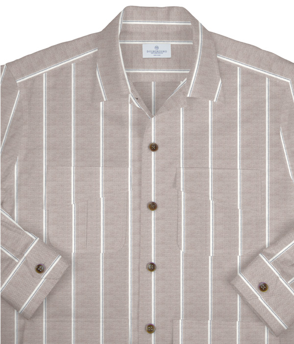 【SIDOGRAS Organic Cotton】ブラウン×ネイビーオックスストライプ斜めフラップポケットシャツアウター