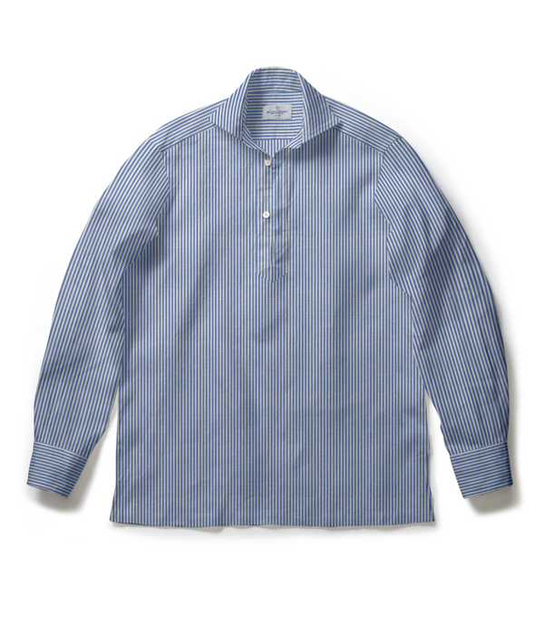 【ALBINI Linen】ブルー 綿麻 ストライプ カプリシャツ