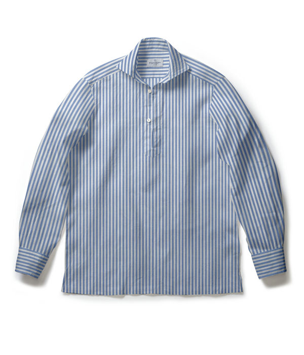 【ALBINI Linen】サックス 綿麻 ストライプ カプリシャツ